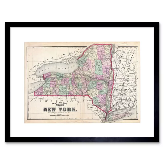 1873 Beers Map New York State Vintage Framed Art Print Picture & Mount 12x16"