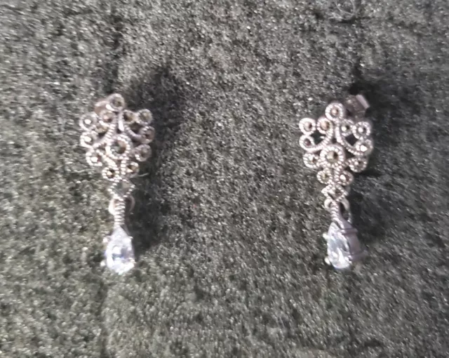 Judith Jack Marcasite & CZ Stone Sterling Silver .925 Hanging Post-Back Earrings