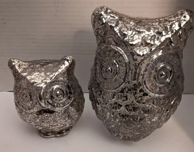 Mercury Glass Clear Silver Candle Holders Owl Family