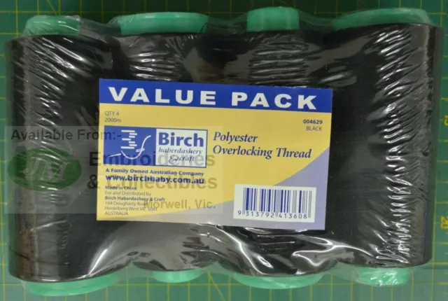 Birch 4 Pack BLACK Overlocker Thread 2000m each Cone, 100% Polyester
