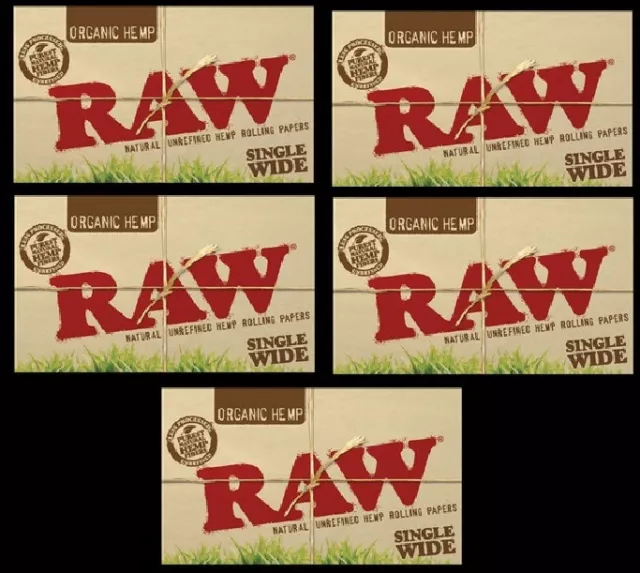 5 Packs of RAW SINGLE WIDE "ORGANIC HEMP" Cigarette Rolling Papers 500 leaves