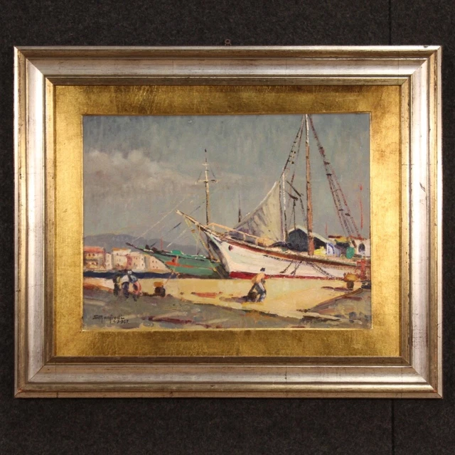 Marine tableau signé et daté 1967 peinture huile sur tablette cadre bateaux