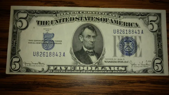 FR-1654 $5 1934 D Wide II Silver Certificate Circulated Large Blue Seal.
