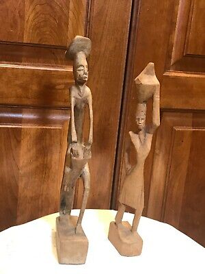 2 African Tribal Art Hand Carved Wood Figures Woman Pot on Head Man w/ Drum 12"