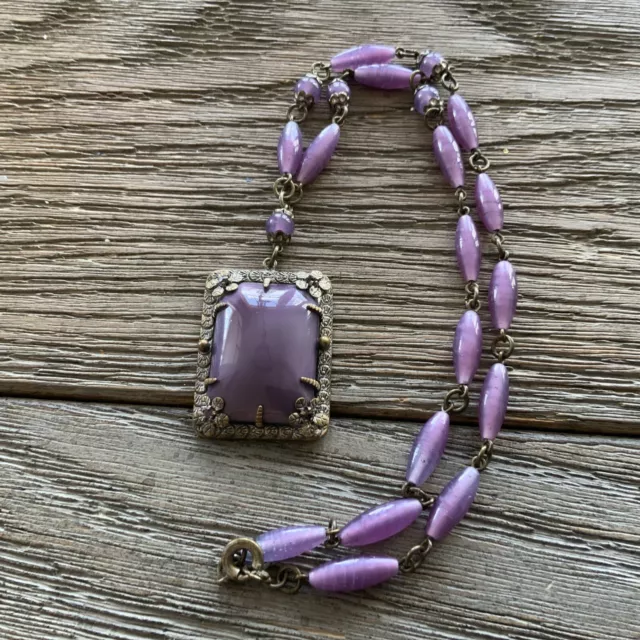 Vintage Art Nouveau Czech Purple Satin Glass Necklace RARE