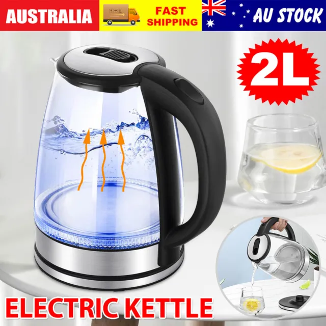 Electric Glass Kettle LED Light Kitchen Water Jug Stainless Steel 360° Rotations