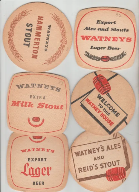 6x different  WATNEYS  cat no  34 32 33 26 28 29    beer mats