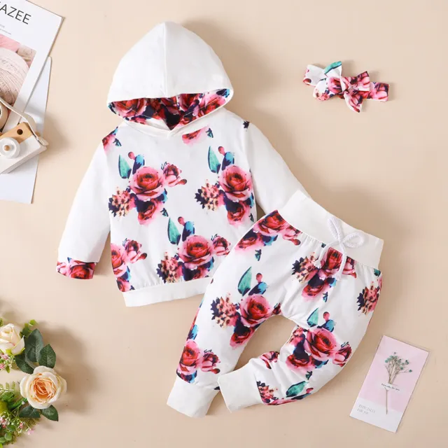 Baby Girls Floral Hooded Tops Pants Headband Outfits Clothes Toddler Kids Set UK 6