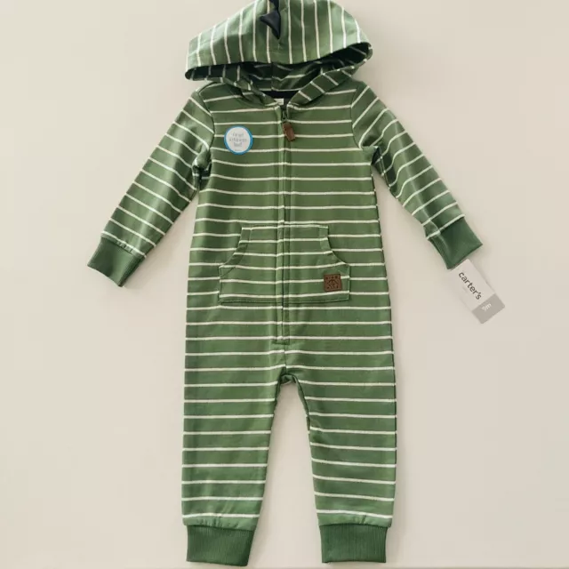 Carter’s Baby Boy 9 Months Dinosaur Hooded Zip Up Romper Jumpsuit Green Terry