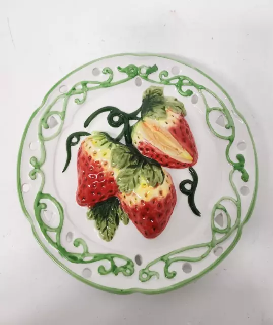 Vintage Gantz Majolica 3D Strawberry Wall Plate Hanging Porcelain Decorative