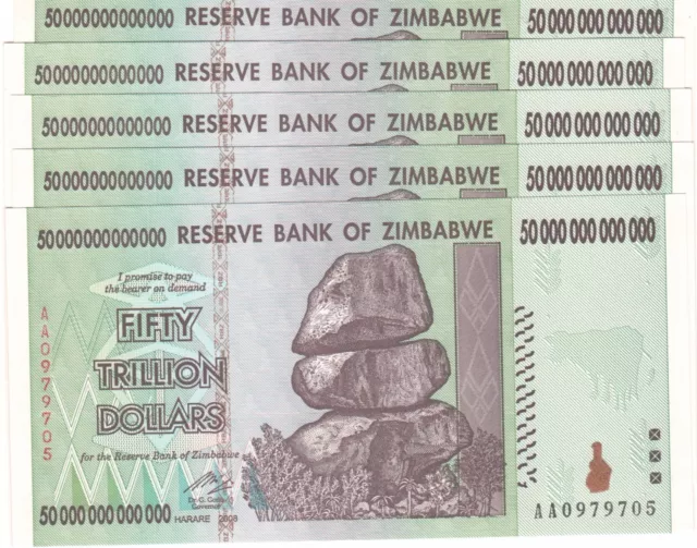 5 X ZIMBABWE 50 TRILLION DOLLARS UNCIRCULATED AA/2008  / $100 Trillion Series