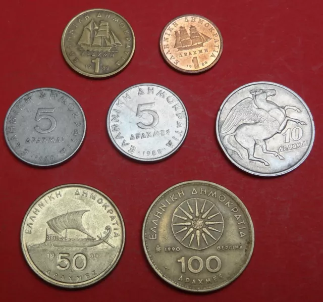 Lot 7 Münzen Griechenland Greece 1 - 100 Drachmen  1973 - 1990