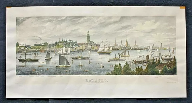 Grosse Panorama-Ansicht Von Hamburg,Berendsohn,Kolorierter Stahlstich,1880