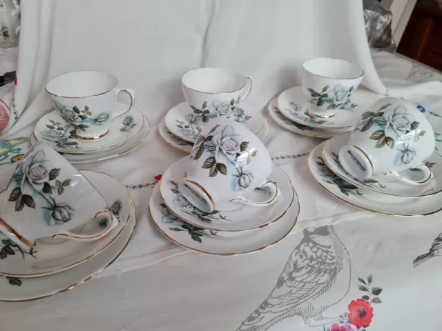 Vintage Royal Sutherland China 6 Tea Cups & Saucers Plates Set White Blue Roses