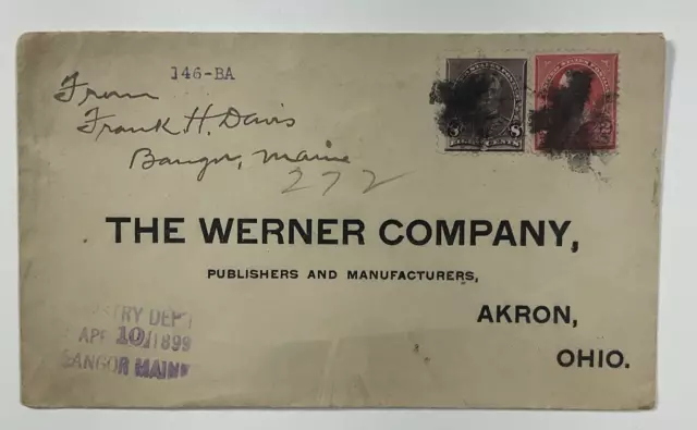 1899 Akron, Ohio Werner Company Publishers Envelope Stamped Bangor Maine