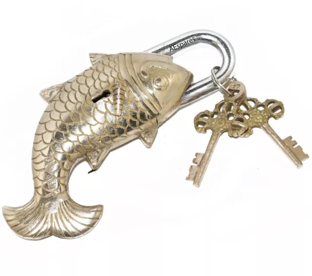 Blocco porta serratura vintage a forma di pesce in ottone antico + chiavi,...