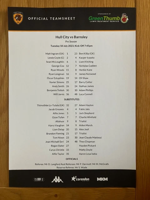 HULL CITY 2023-2024 Season Home Club Format Double-Sided A4 Colour Team ...