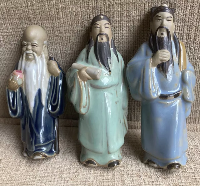 Vintage Hand Decorated Painted Polystone Chinese Wise Men Fu Lu Shou Figurines