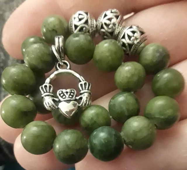 Green Connemara Marble Bead Bracelet+Sterling Silver Filled Irish CLADDAGH Charm