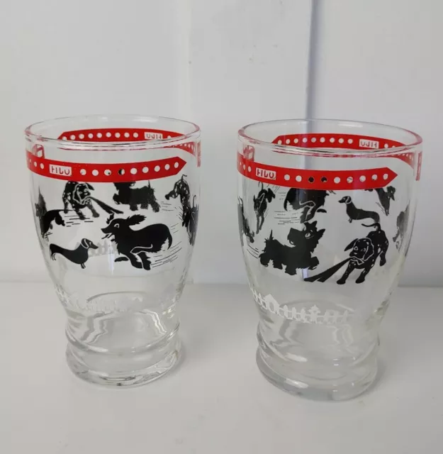 Vintage Set of Two Small Black Dogs Playing Puppies Drinking Glasses MCM Fido