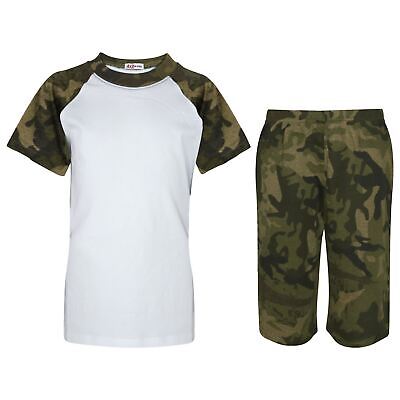 Bambine Ragazzi Mimetico Verde Raglan Stile Pigiama Contrasto T-Shirt Shorts Set