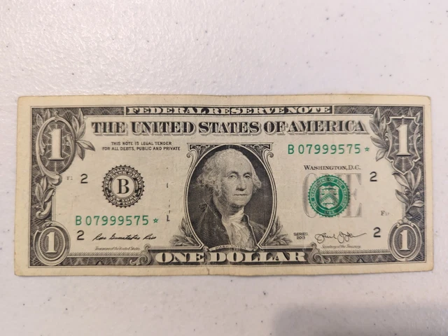 $1 Dollar Bill star note serial B07999575 series 2013