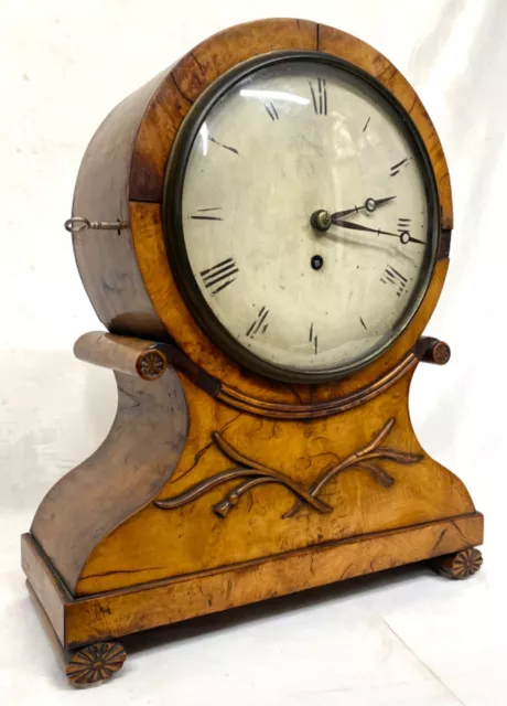 Antique Single Fusee Satinwood Balloon Clock With Painted Dial