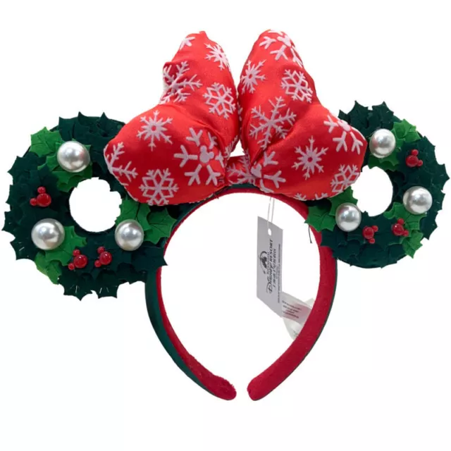 DisneyParks Red Christmas Holiday Minnie Mouse Bow Wreath Ears Headband Ears
