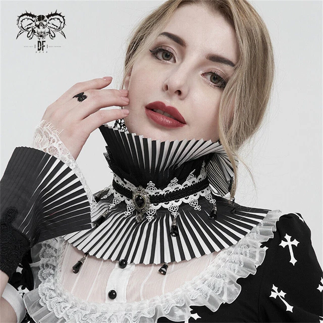 Devil Fashion Women Black White Gothic Retro Pleated Stand Collar Jabot Choker