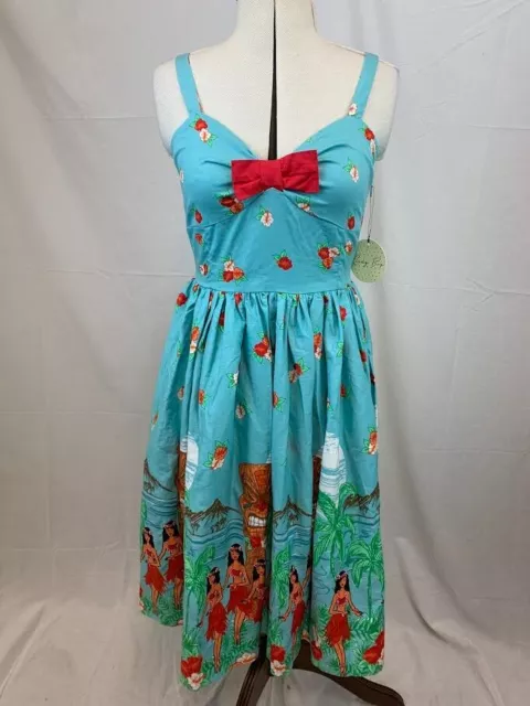 Lindy Bop Teal Tiki Hawaiian Hula Print Retro Swing Dress - Size 8 - BNWT