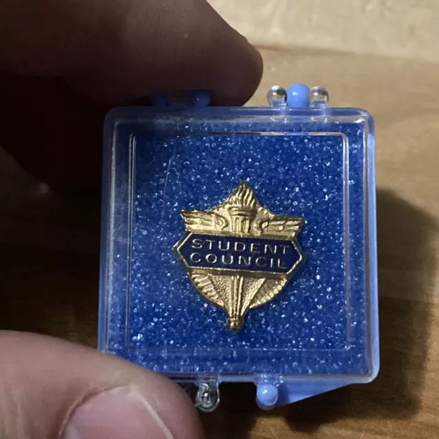 Vintage GOLD TONE 80s LAPEL PIN “Student Council” Push Clasp Display Box NOS
