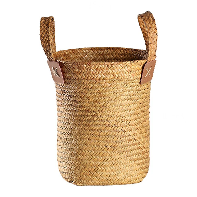 Almacenamiento de dos orejas cesta maceta funda cesta de madera cubo de ropa caqui ratán