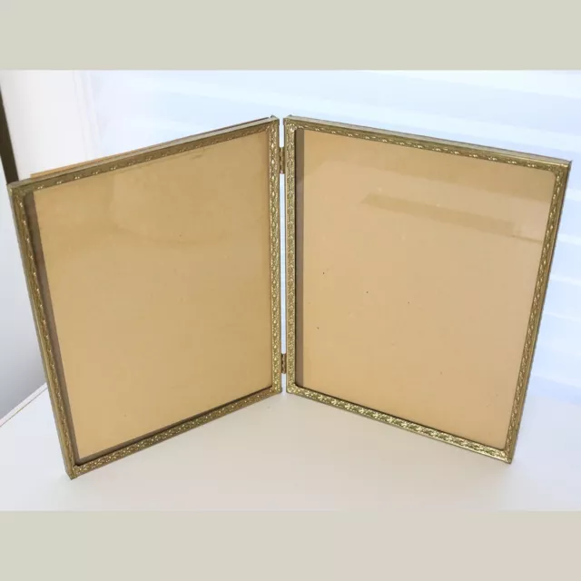 True Vintage Brass Bifold MCM Floral Embossed Picture Frame Fits Two 8x10 Photos