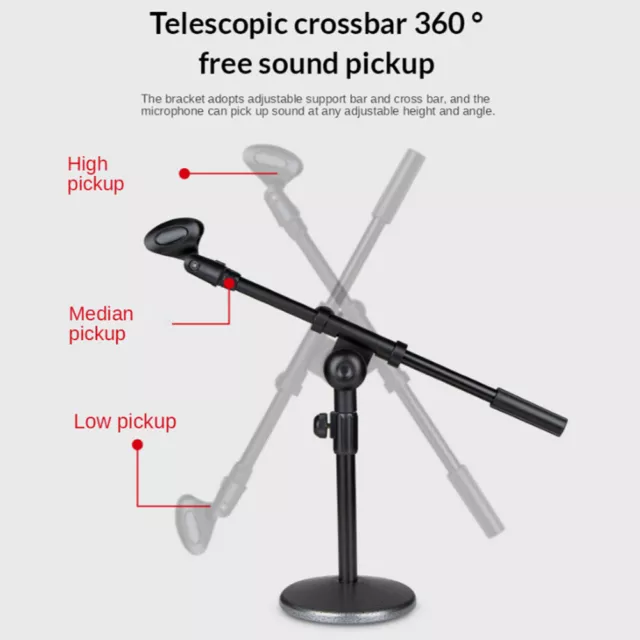 Adjustable Desk Microphone Mic Stand Holder + Boom Arm Metal Round Base Black