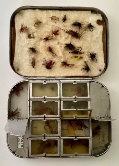 Vintage Harrods Of London Richard Wheatley Aluminium Fly Box + 50 Tied Flies