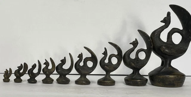 Rare Complete Set Antique Burmese Opium Bronze Weight Set Peacock Bird 9 Pc Vtg 2
