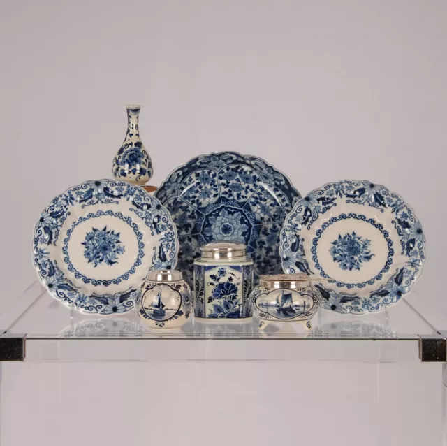 Vintage Delftware Blue and White Delft Vase Tea caddy Cabinet plates - set of 8