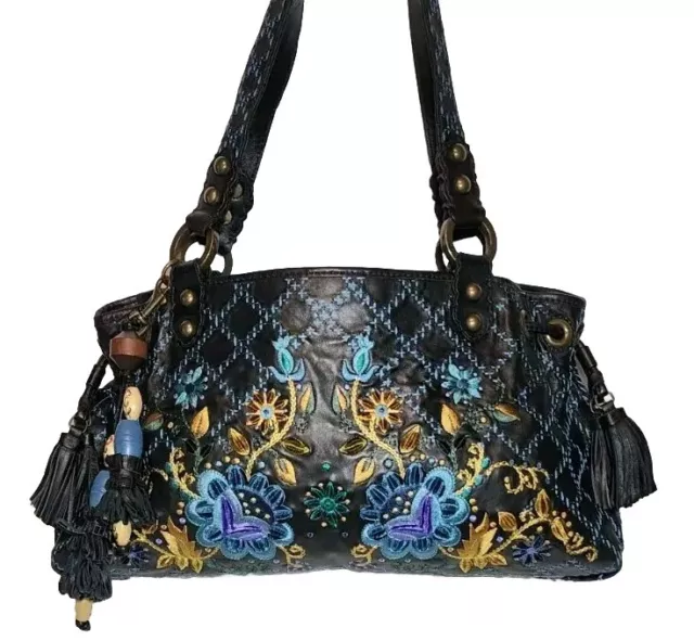 Isabella Fiore Bohemian Jenna Floral Embroidered Tasseled Hand Bag Satchel $695