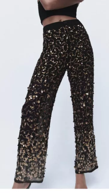 ZARA BLACK SEQUIN TROUSERS LIMITED EDITION HIGH WAIST FLARED LACE PANT  9083/102