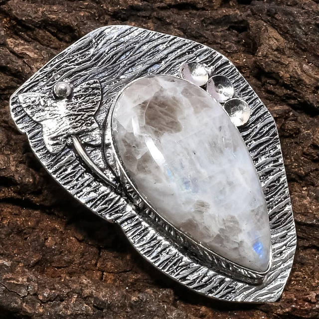 Rainbow Moonstone Gemstone 925 Sterling Silver Jewelry Pendant 1.81"