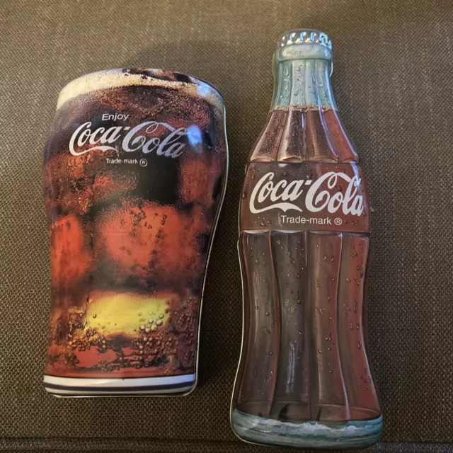 Coca Cola Coke Trademark Brand Bottle & Glass Shaped Tin Boxes 1 With Candy