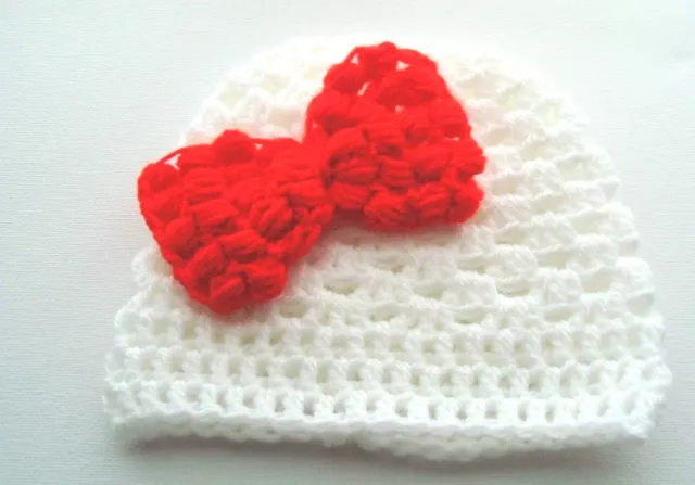 baby girl crochet white  xmas beanie hat red  crochet bow handmade to order