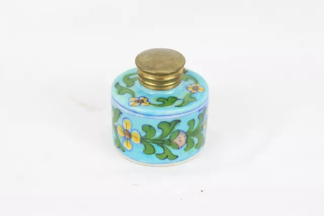 Vintage Indian Floral Art Blue Pottery Ceramic Ink Pot w/ Brass Cap Ink Well