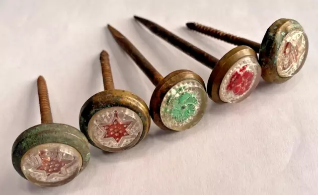 5 Antique Victorian Glass Brass Pinwheel Floral Picture Hangers Curtain Tie Back