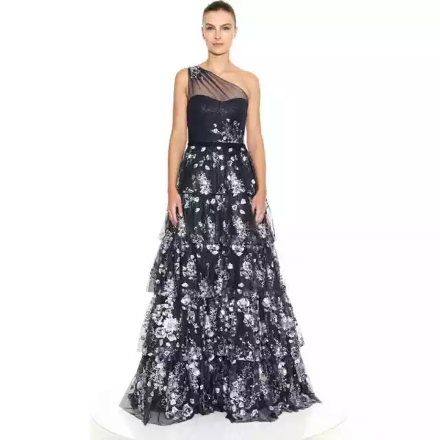 Marchesa Blue Embroidered Gown One Shoulder Floral Tulle Tiered Dress Sz 6