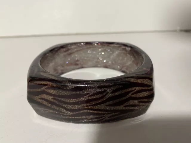 Vintage Lucite Glitter Stripe Bangle Animal Tiger Brown Silver Chunky Thick