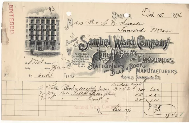 1896 Samuel Ward Co Fine Papers Envelopes Stationers Blank Books Boston Ma Bill