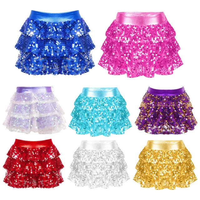 Kids Girls Dance Gym Shorts Sequins Skirted Professional Bottom Gift Clothes