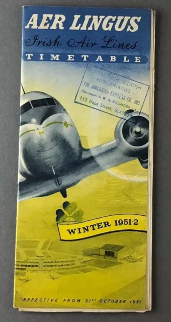 Aer Lingus Airline Timetable Winter 1951/52 Ireland