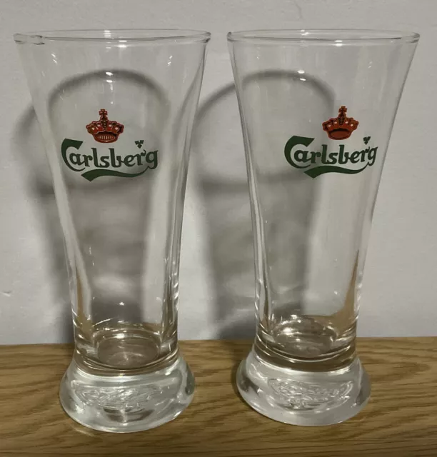 2x Carlsberg 285ml 16cm Tall Beer Glasses Man Cave Bar Collectable Alcohol VGC